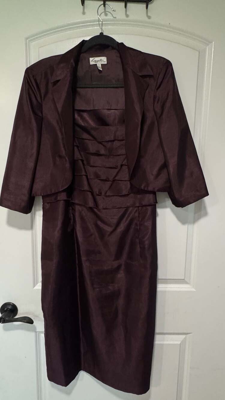 Plum Satin Ruffle Midi Dress & Cropped Bolero Jacket 2 Piece Set Size 16